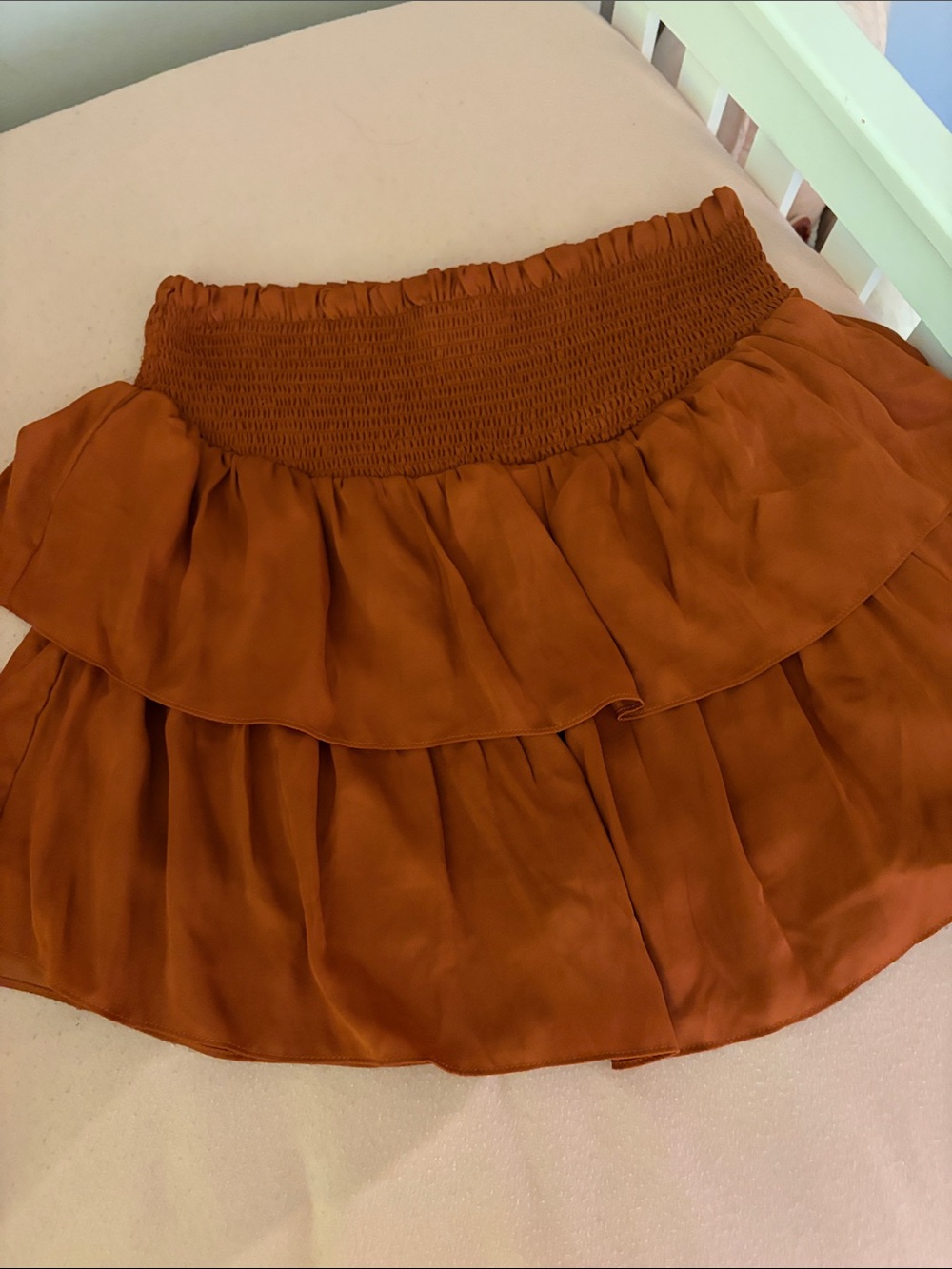 Smocked Waist Tiered Mini Skirt in Rust Brown